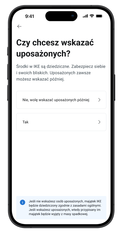 smartfon z napisem "Czy chcesz wskazaÄ uposaÅ¼onych?" i dwoma opcjami
