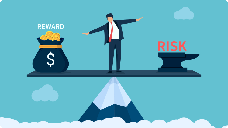 Businessman balancing between reward and risk business concept on top of mountain.