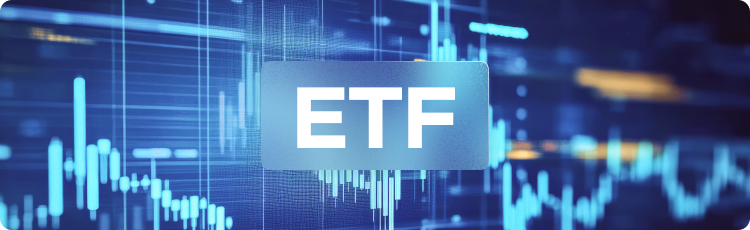Acronimul ETF Èi un grafic albastru pe fundal.