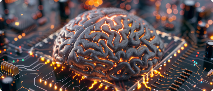 Uma imagem de um cÃ©rebro colocado numa placa de circuitos, realÃ§ando a relaÃ§Ã£o entre os processos cognitivos e o avanÃ§o tecnolÃ³gico