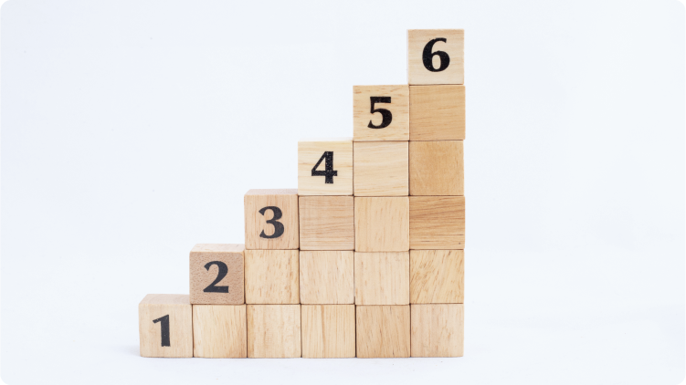 Six wooden cubes, each with a number on it, stacked in shape of stairs 