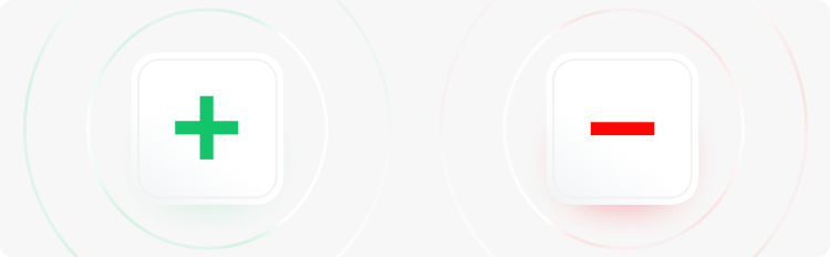 Sinais de mais e menos num fundo branco representando prÃ³s e contras