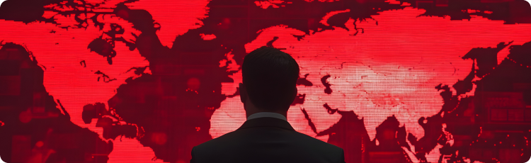 Homem de fato estÃ¡ confiante em frente a um mapa-mundo vermelho vibrante, simbolizando as ligaÃ§Ãµes globais e o profissionalismo numa era de potenciais conflitos globais