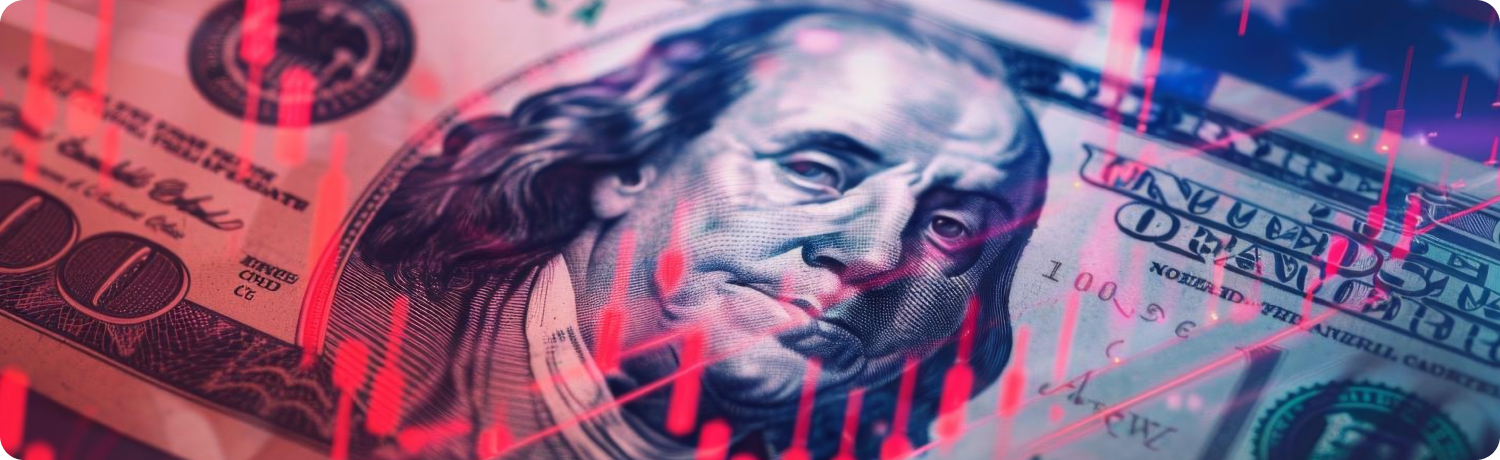 GrÃ¡fico da bolsa de valores ao lado de uma nota de 100 dÃ³lares, simbolizando a forÃ§a do dÃ³lar americano nos mercados financeiros