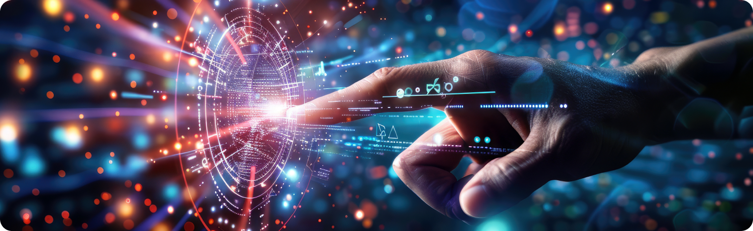  Uma mÃ£o interage suavemente com uma interface digital, mostrando a ligaÃ§Ã£o entre a tecnologia e o toque humano