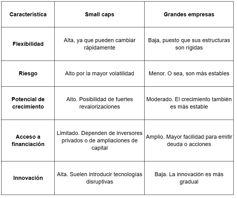 Tabla con las diferencias entre small caps y grandes empresas