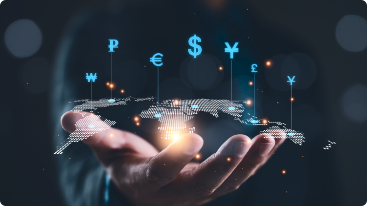 A world map with currency symbols hovering over a hand symbolizing a control in currency investments.