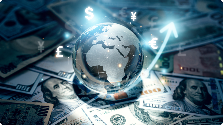  A glass globe on US Dollar banknotes with a climbing curve symbolising a hypothetical currency investment growth.