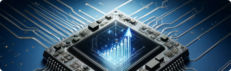 Um grande plano de um chip de computador num fundo azul vibrante, mostrando circuitos e design complexos