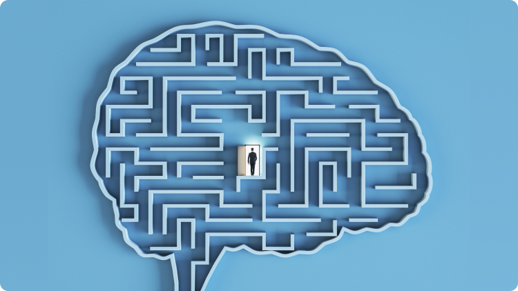 Um homem a navegar num labirinto iluminado por uma luz, sobre um fundo azul, simbolizando uma viagem de descoberta