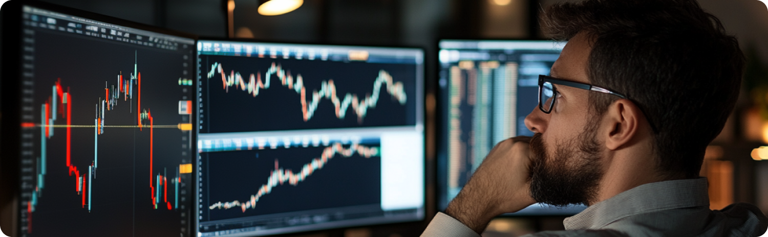 muÅ¾ analyzuje grafy na tÅech monitorech