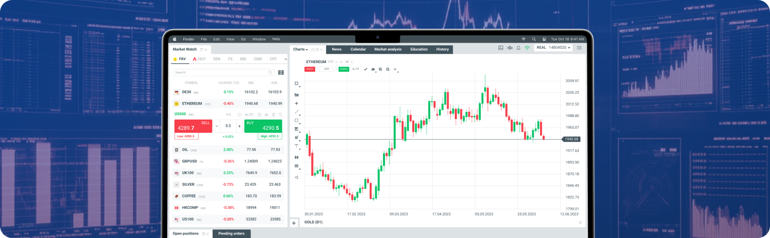 nakupovÃ¡nÃ­ kryptomÄn v xtb, xstaton a v pozadÃ­ modrÃ© a rÅ¯Å¾ovÃ© grafy