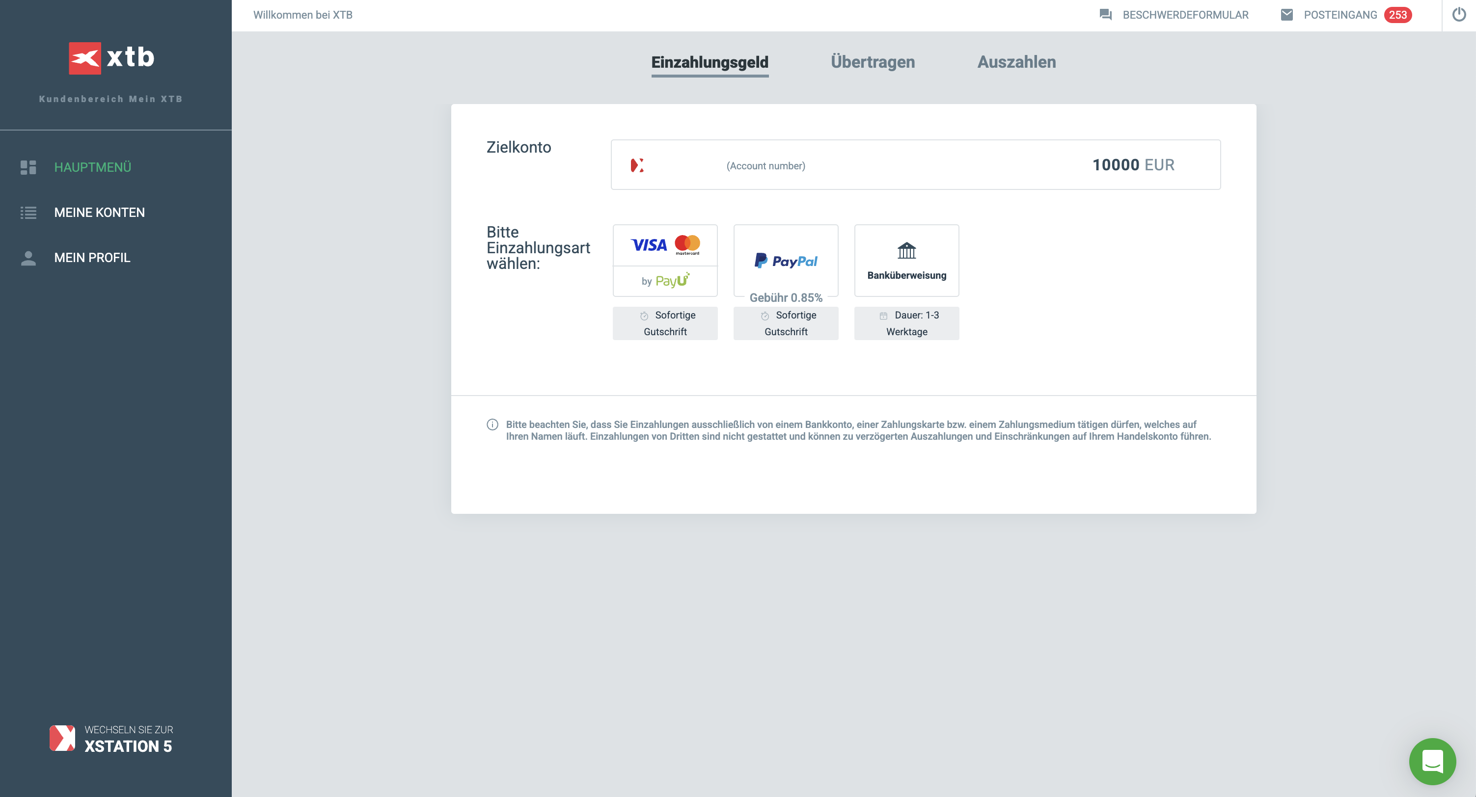 Einzahlungen durchfÃ¼hren