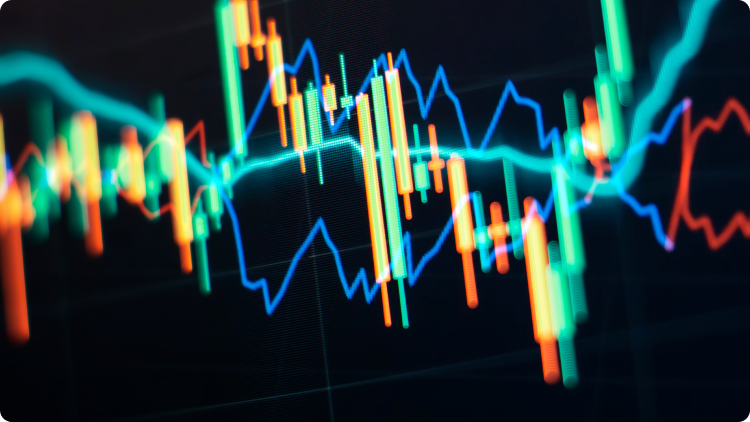 A stock chart showing colourful lines representing market trends