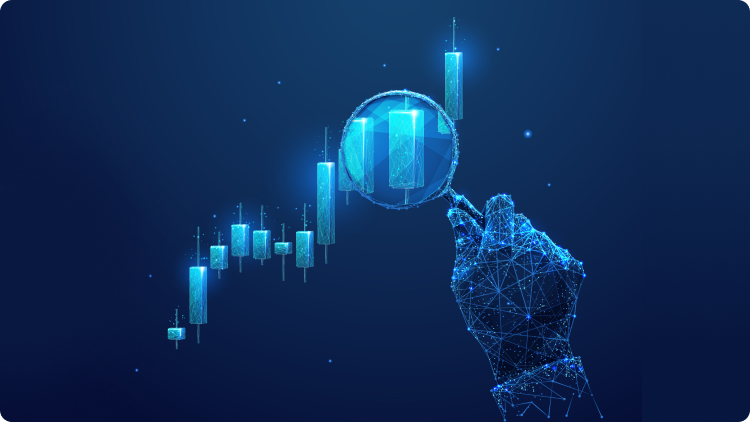 A hand holding a magnifying glass over a simulated stock exchange graph, symbolizing detailed analysis.