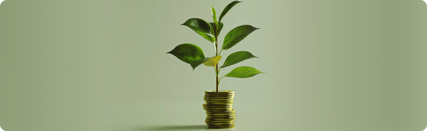 A vibrant green plant emerges from a stack of shiny coins, symbolizing growth and prosperity in a financial context