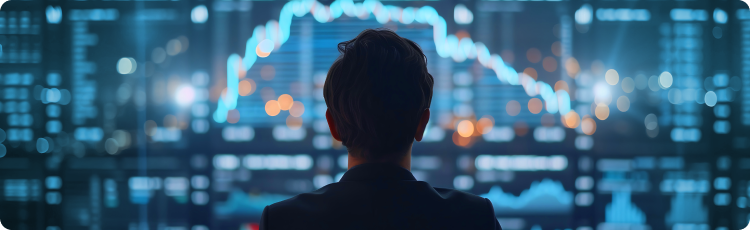 Um homem em frente a um ecrÃ£ digital com dados econÃ³micos, grÃ¡ficos e diagramas