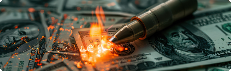 Uma bala pousa sobre uma pilha de dinheiro, rodeada de chamas, simbolizando o perigo e a turbulÃªncia financeira