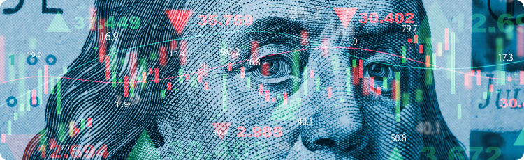 Uma nota de dÃ³lar com um grÃ¡fico da bolsa de valores, simbolizando a ligaÃ§Ã£o entre a moeda e os mercados financeiros