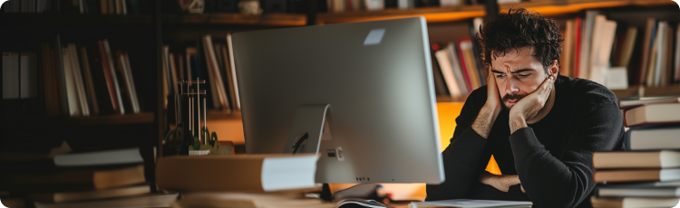 Um homem com aparÃªncia triste sentado Ã  secretÃ¡ria, concentrado no ecrÃ£ do computador