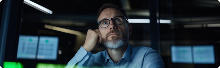 Um homem de Ã³culos e barba olha atentamente para trÃ¡s de um ecrÃ£ de computador, concentrado no seu trabalho