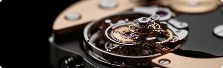 Close-up de um relÃ³gio elegante contra um fundo preto, destacando os seus detalhes intricados e design elegante