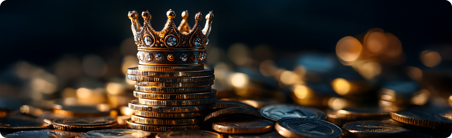 A golden crown rests atop a pile of shiny coins, symbolizing wealth and royalty