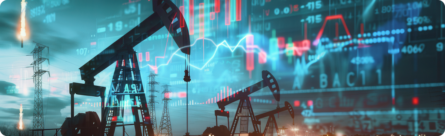  Bombas de petrÃ³leo em frente a um grÃ¡fico da bolsa de valores, ilustrando a relaÃ§Ã£o entre a produÃ§Ã£o de petrÃ³leo e as tendÃªncias do mercado