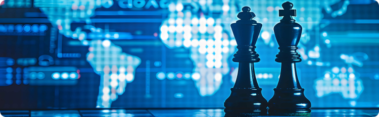  Two chess pieces positioned on a chess board, with a world map displayed in the background