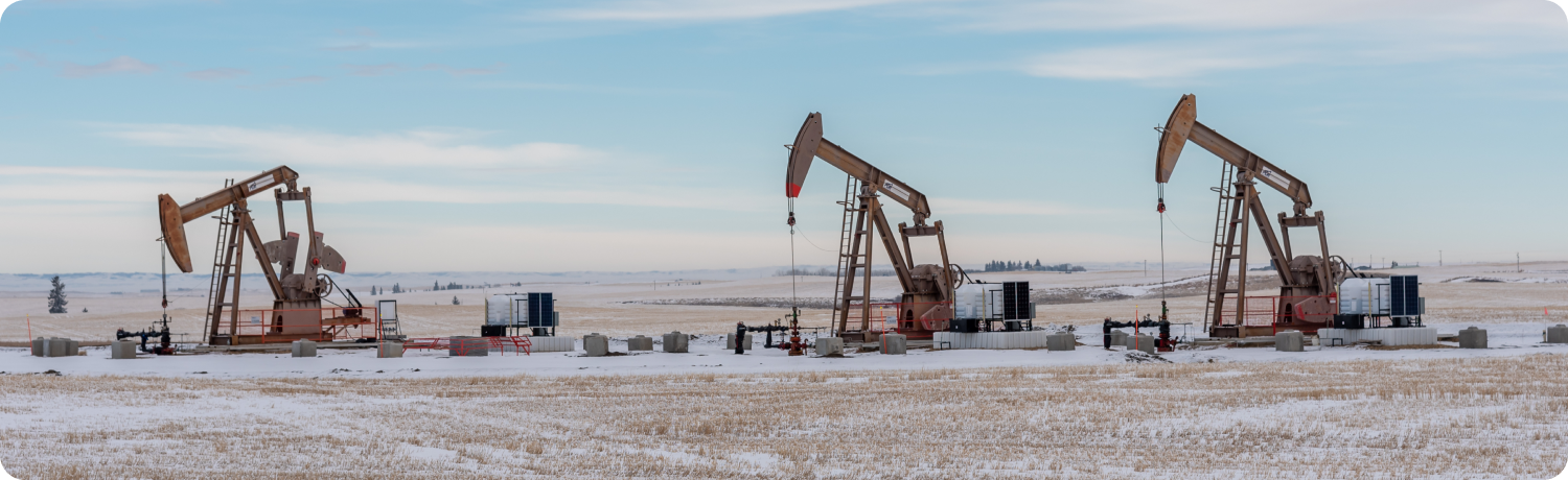 Bombas de petrÃ³leo funcionam num campo nevado, rodeadas por um manto de neve sob um cÃ©u cinzento de inverno