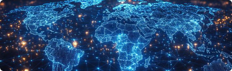 A world map featuring interconnected network lines and dots, symbolizing global connectivity and communication
