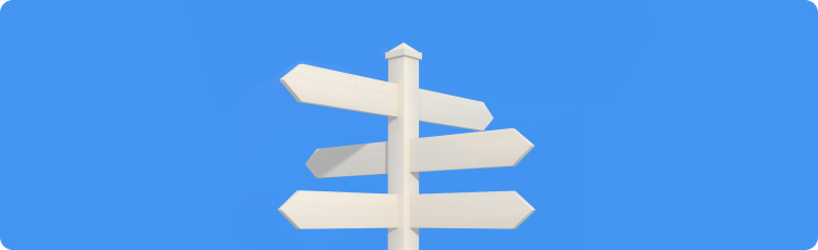 A white signpost featuring three arrows, each indicating a different direction, set against a neutral background