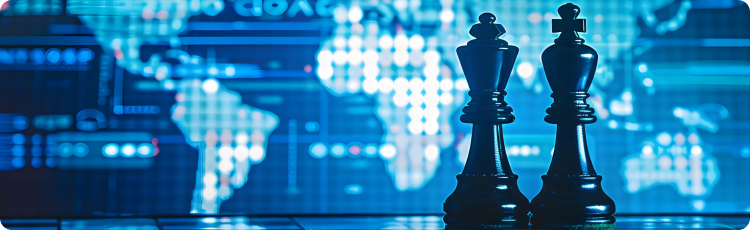Two chess pieces positioned on a table, with a world map serving as the backdrop, symbolizing strategy and global connections