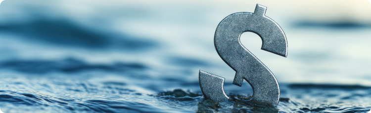 A dollar sign partially submerged in water, surrounded by a gentle wave, symbolizing financial fluidity and change