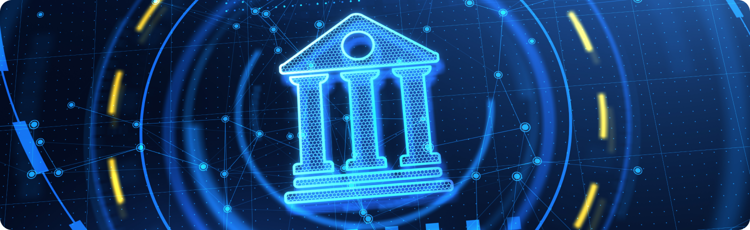 A blue and white depiction of a building representing a central bank against dark background