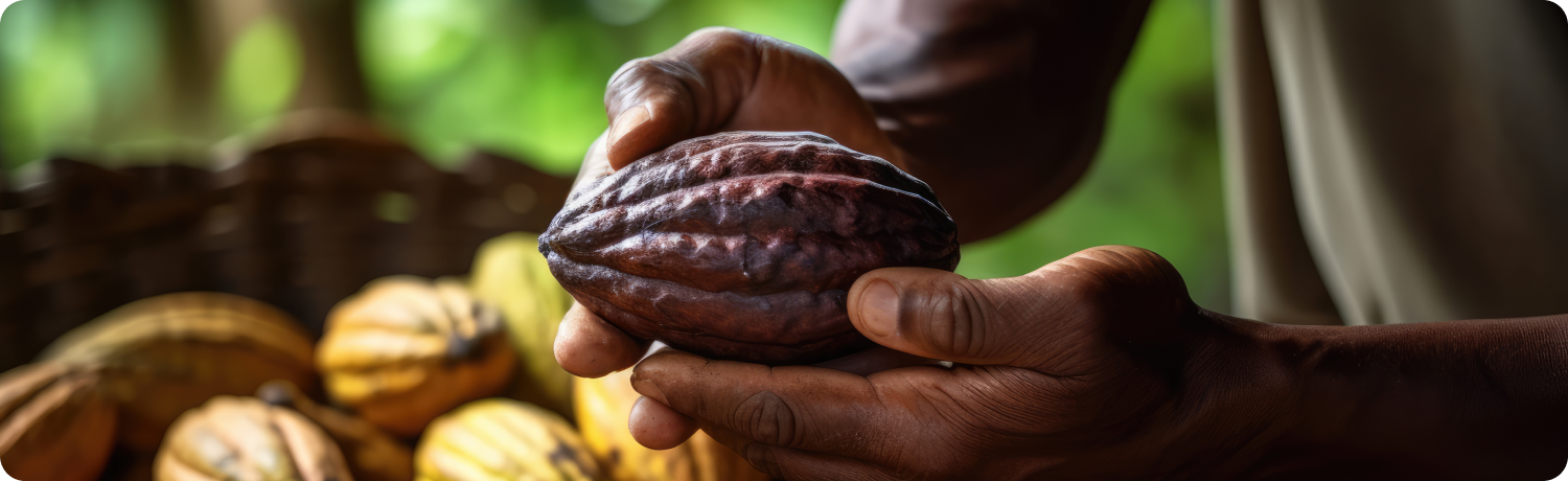 A person gently holds a cocoa bean in their hand, showcasing its rich texture and natural colour