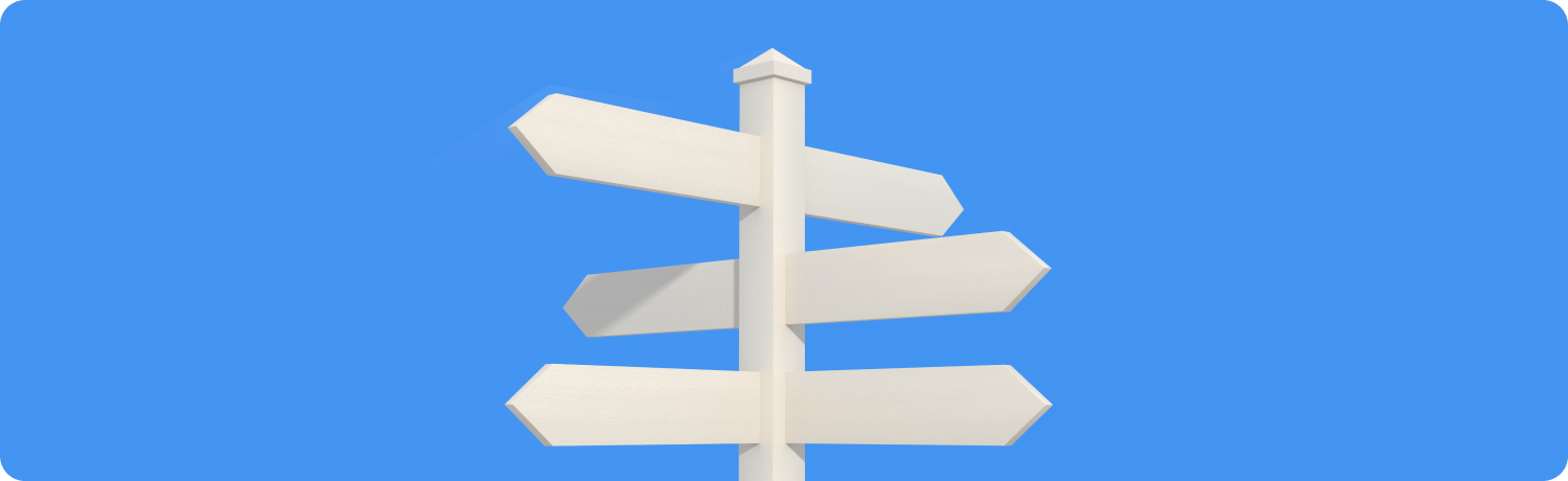A white signpost displaying multiple arrows, each indicating different directions, set against a clear background
