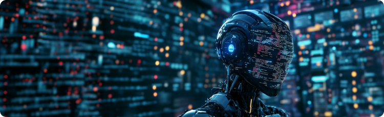 A robot stands in front of a vibrant cityscape, showcasing modern buildings