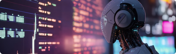 A robot stands in front of a computer screen, showcasing a blend of technology and artificial intelligence