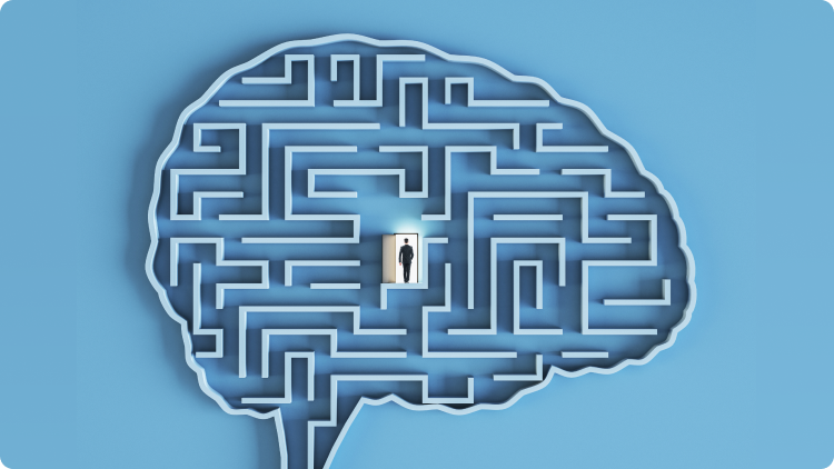 A man navigating a maze, illuminated by light, set against a blue background, symbolizing a journey of discovery and solving problems