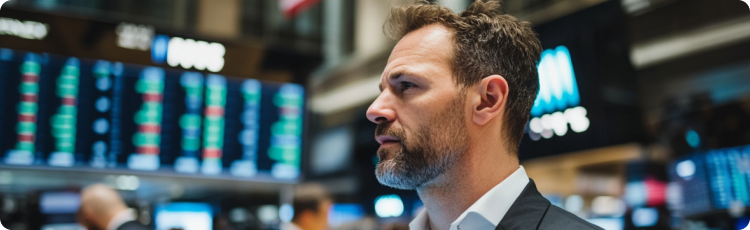 Um homem de fato observa atentamente os ecrÃ£s da bolsa de valores, que exibem vÃ¡rios dados e tendÃªncias financeiras.