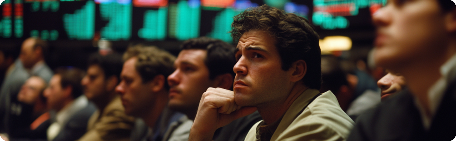 Um grupo de homens sentados em frente a um ecrÃ£ do mercado de aÃ§Ãµes, envolvidos em discussÃµes e observando as tendÃªncias do mercado