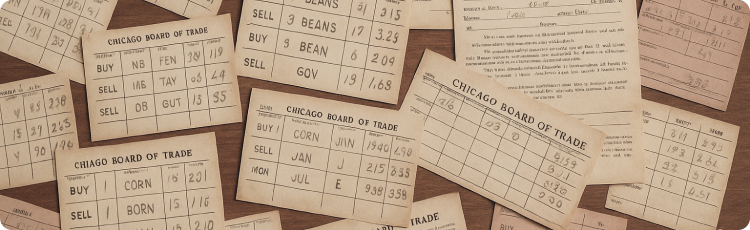 Bilhetes de ordens vintage da Chicago Board of Trade espalhados numa superfÃ­cie de madeira, apresentando prÃ¡ticas histÃ³ricas de negociaÃ§Ã£o de mercadorias e documentaÃ§Ã£o dos primeiros mercados de futuros.