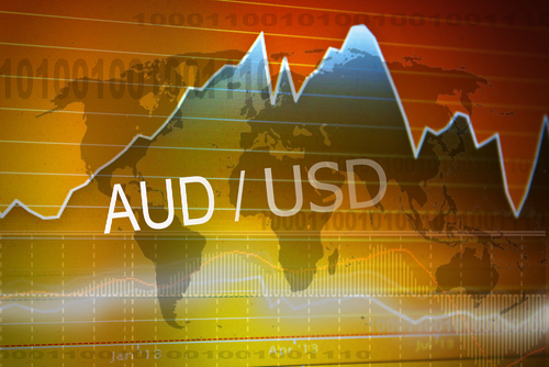 Grafico ludico del dolar australiano con el mapa mundi en el fondo