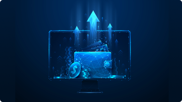 Computer screen displaying blue background with arrow - representing investments