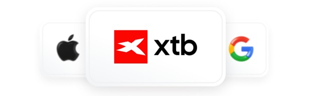 Logo-ul XTB afiÈat pe un mÄr alÄturi de logo-urile Google Èi Apple, simbolizÃ¢nd opÈiunile de platÄ