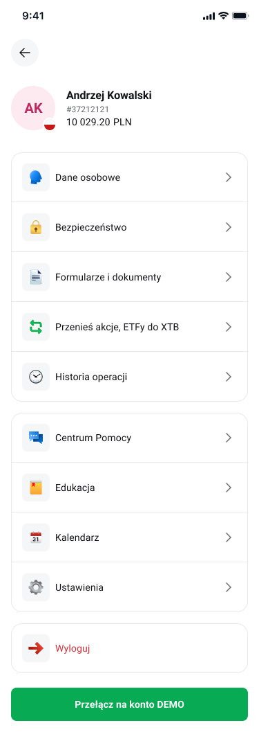 menu aplikacji inwestycyjnej XTB