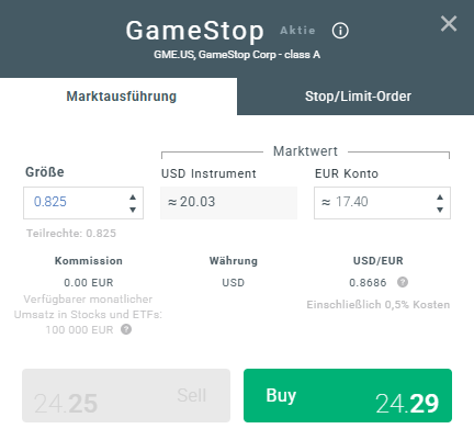 Meme Aktien: Orderfenster