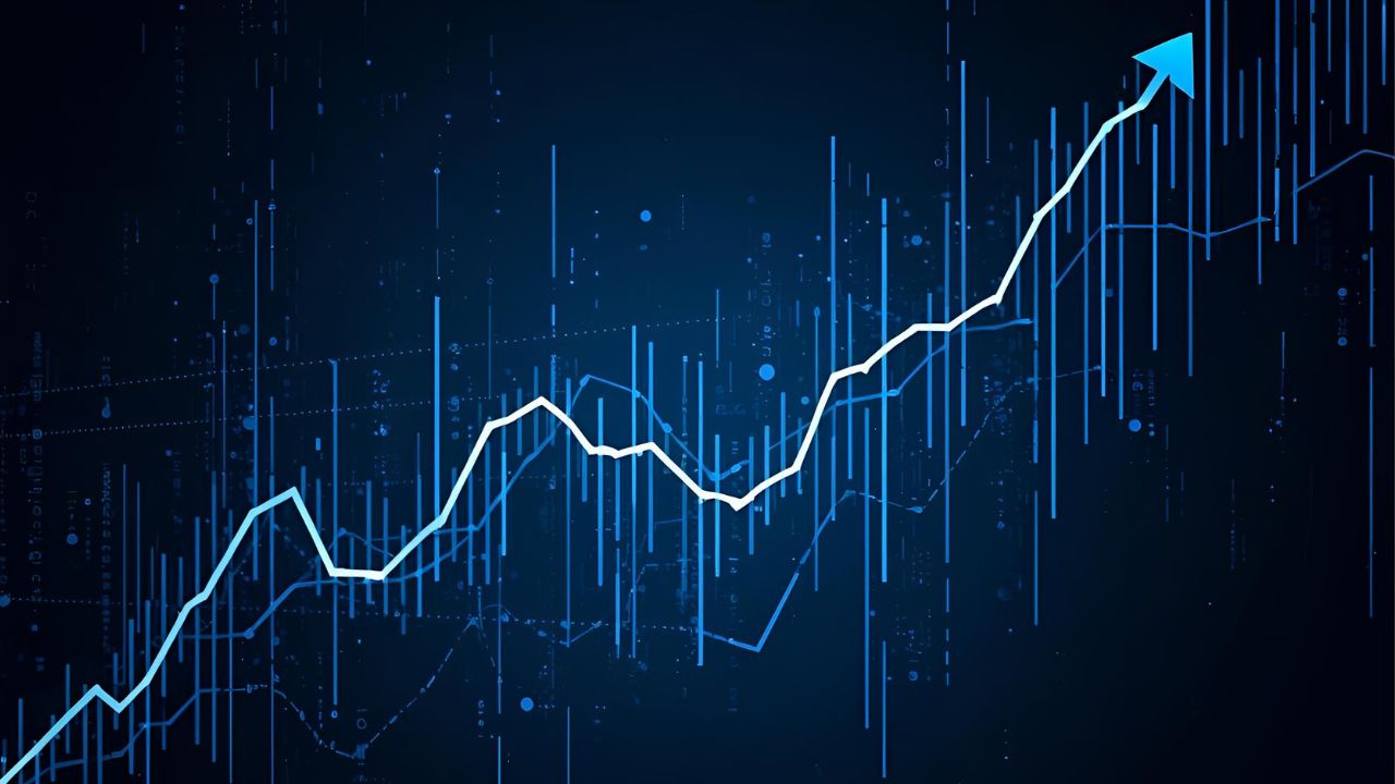 Imagem de grÃ¡fico de investimento a subir a fazer referÃªncia ao Dow Jones