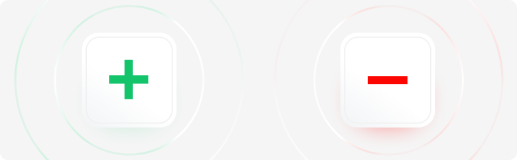 Biele tlaÄidlÃ¡ so znakmi plus a mÃ­nus, symbolizujÃºce sekciu vÃ½hod a nevÃ½hod.